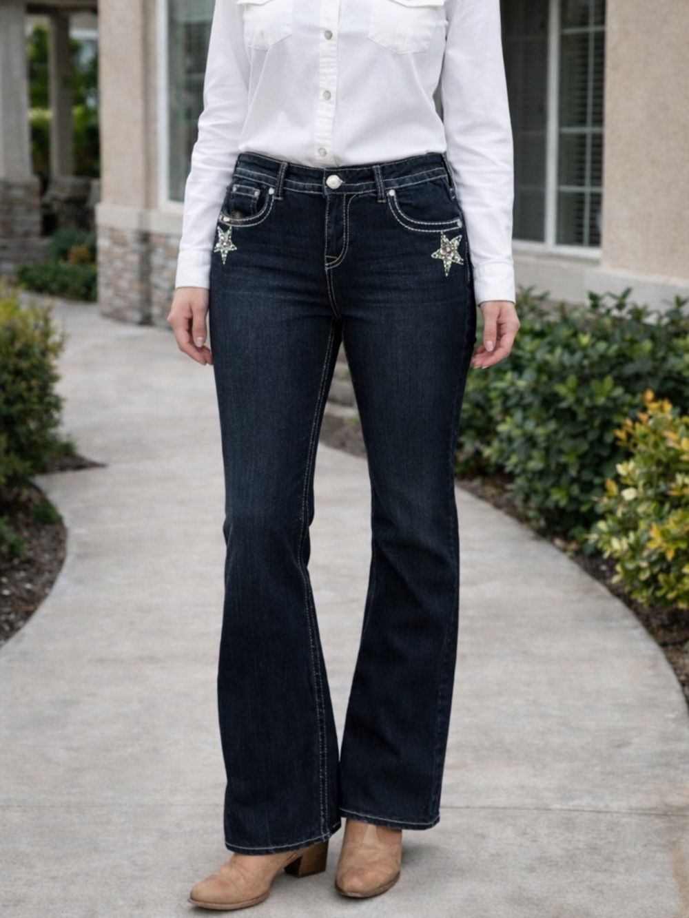 Sky Premium Collection Women Flare Jeans Star Embellished Low Rise Size 11/30